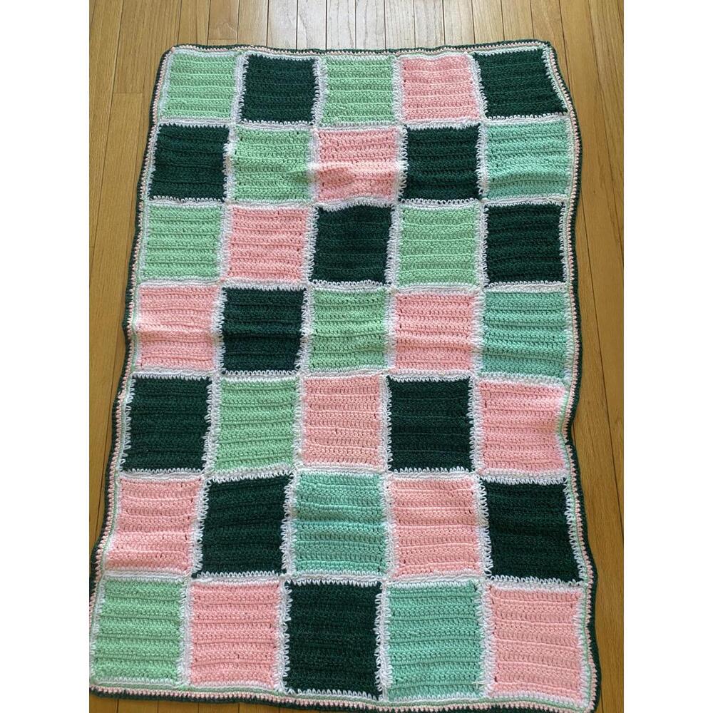 Crocheted Patchwork Blanket Throw in Pink, Green, and Dark Green